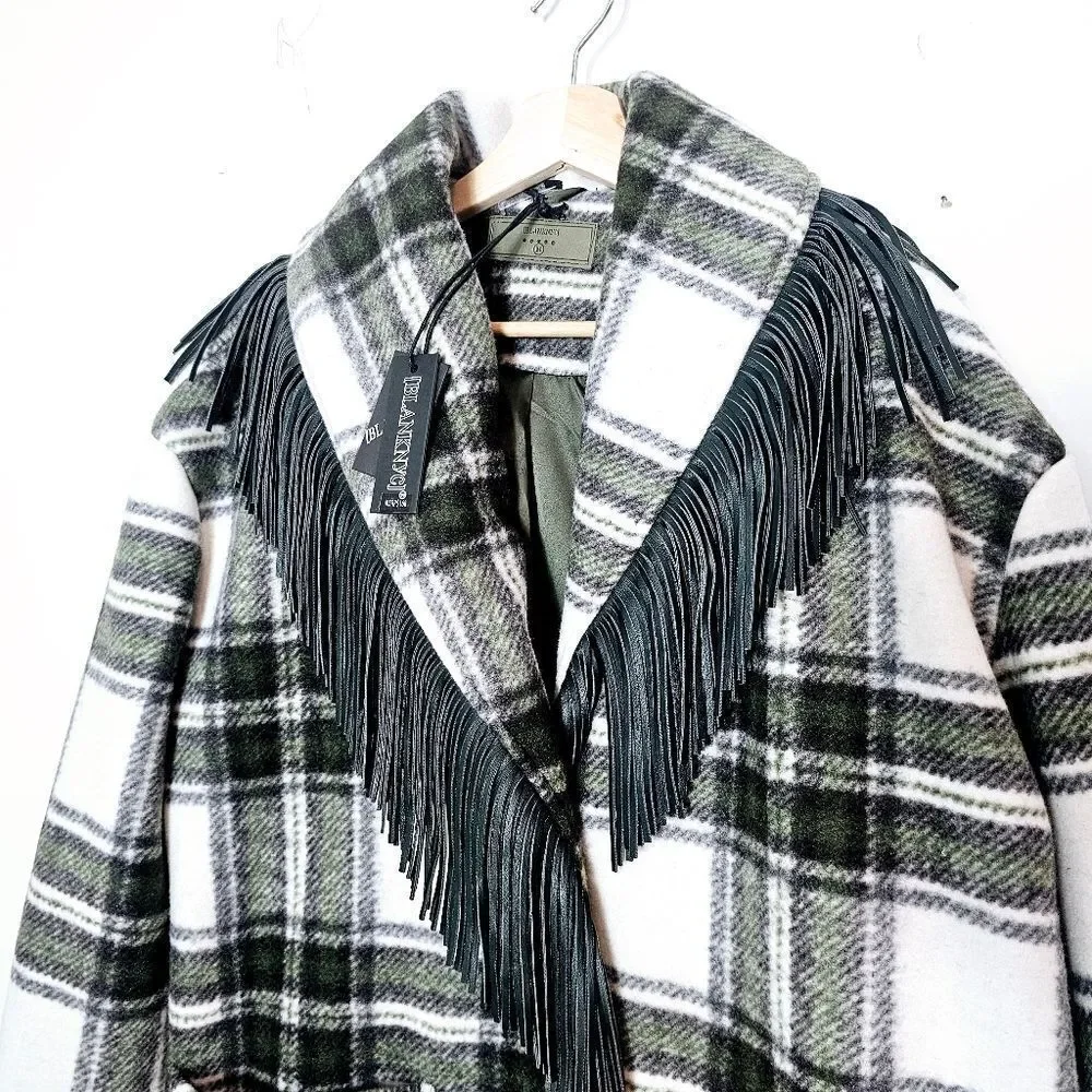 NWT BlankNYC Fringe Collar Green Scotland Plaid Oversized Winter Coat Size M